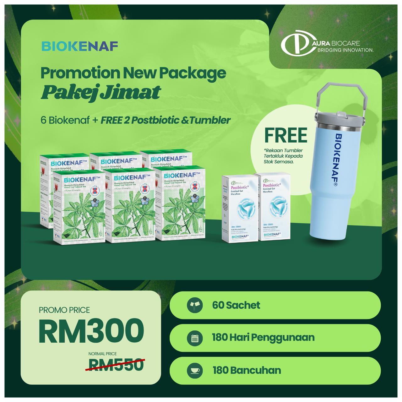 Pakej Jimat Biokenaf — 6 kotak, 2 Postbiotic dan tumbler