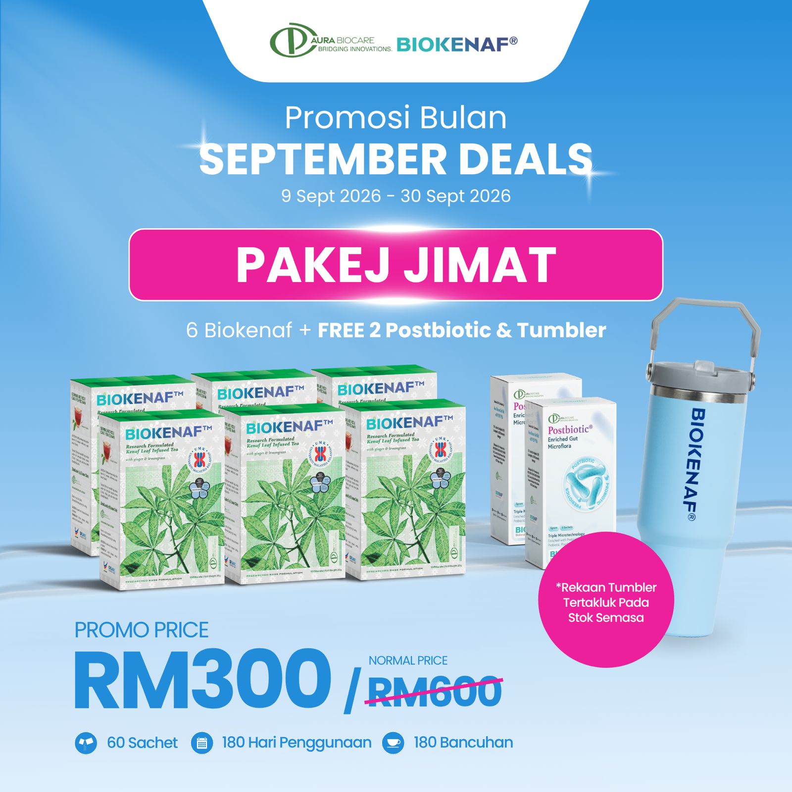 Pakej Jimat — 6 kotak Biokenaf, 2 Postbiotic dan tumbler